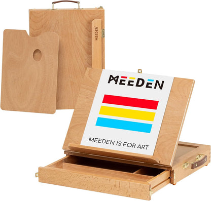 MEEDEN Table Sketch Box Easel -Portable Solid Beech Tabletop Wood Easel Drawing & Sketching Board with Storage Drawer & Palette for Beginner Artist, Art Students & Kids, Canvas up to 11" × 14"