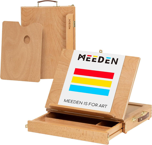 MEEDEN Table Sketch Box Easel -Portable Solid Beech Tabletop Wood Easel Drawing & Sketching Board with Storage Drawer & Palette for Beginner Artist, Art Students & Kids, Canvas up to 11" × 14"
