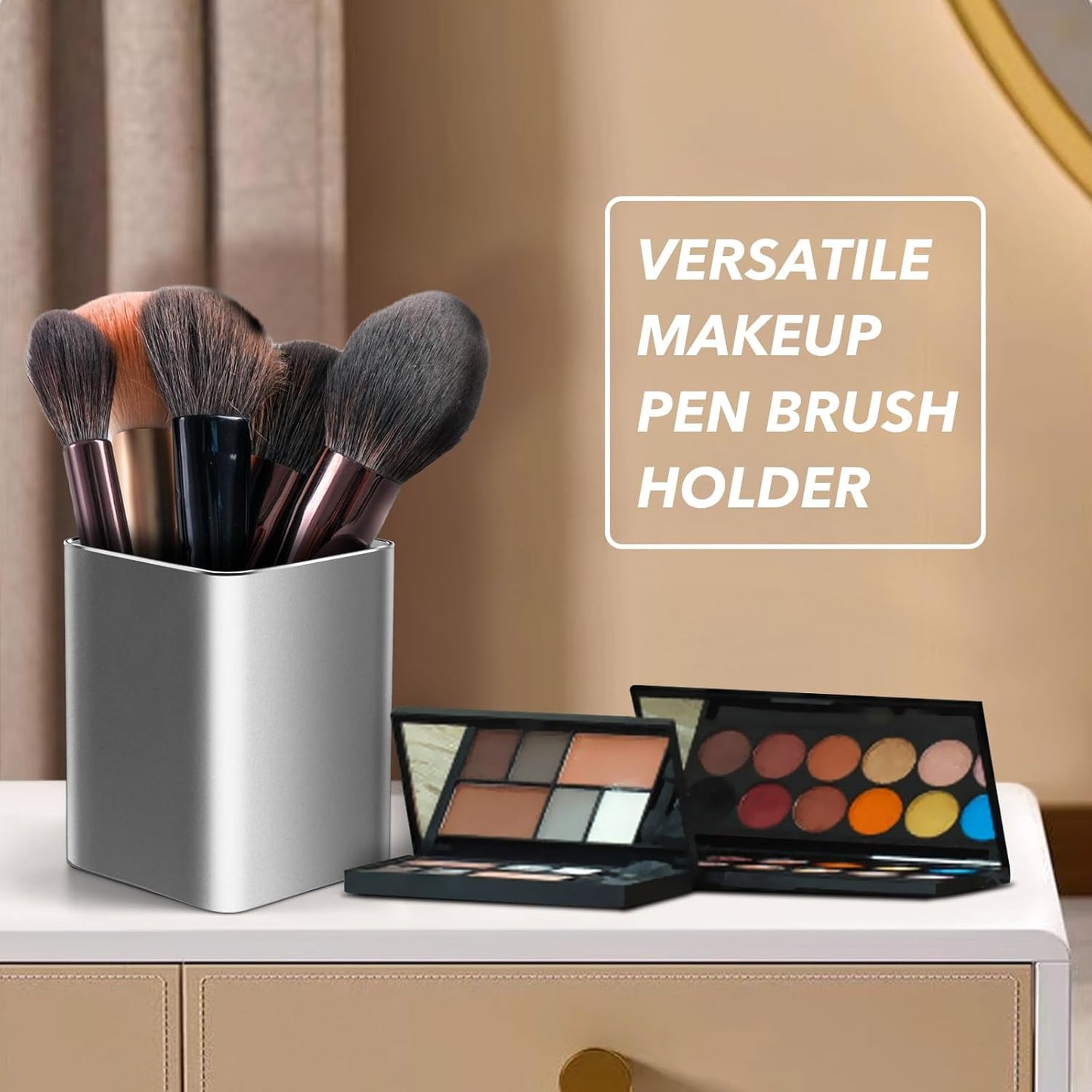 RQB Metal Pen Holder for Desk Square Aluminum Desktop Organizer and Makeup Brush Holder Storage Box for Office, School, Home, and Kids, Non-slip silicone 4×3.15inch-Gray