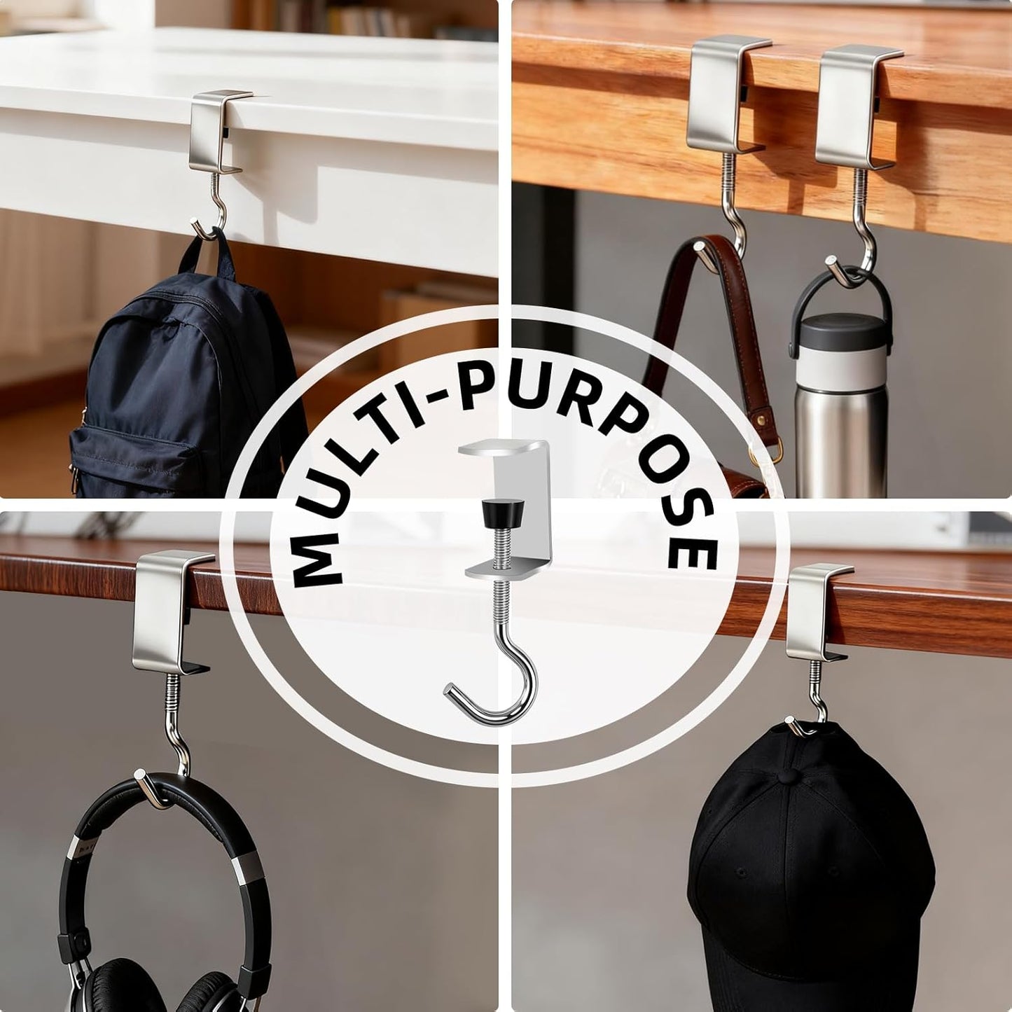 Heavy-Duty Desk Hook Table Clamp Hooks Hanging Bag Backpack, 6 Pcs Metal Rust-Resistant Shelf Hooks, Adjustable Desktop Mounting Hook (6 pcs)