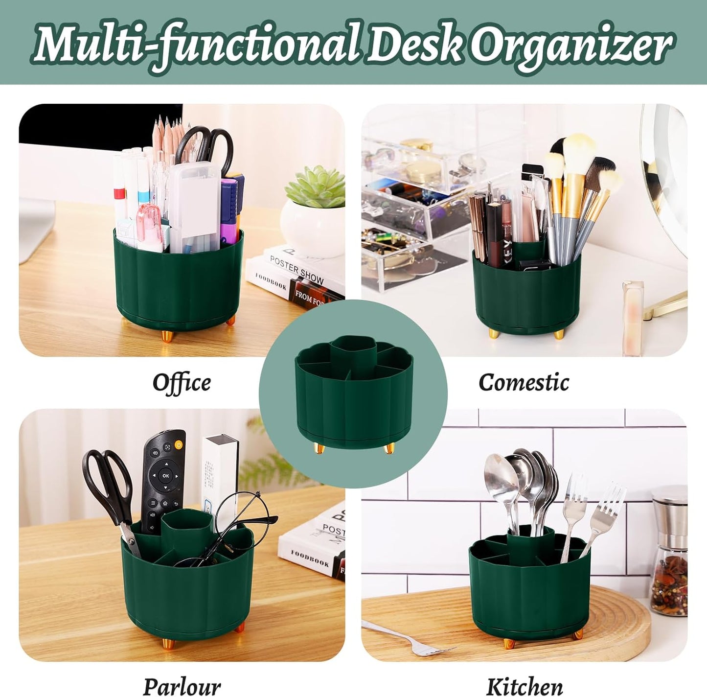 360 Rotating Pencil Pen Holder for Desk, White Pen Organizer with 6 Slots, Cute Office Supplies, Desk Accessories for Office, School, Home