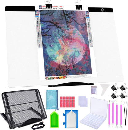 LIRUNQIU 59 Pcs Diamond Painting A4 LED Light Pad Kit, 5D Diamond Painting Accessories Tool Kit Full Drill for Adults and Kids, Supplies Includes Storage Case, Pens,Stand,Pad Board and More