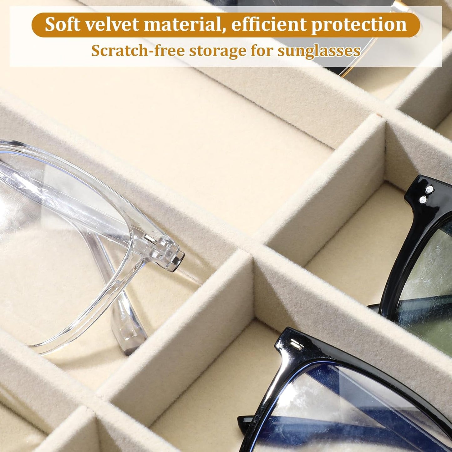 2 Pcs Sunglass Organizer Trays, Velvet Stackable Jewelry Trays Large Eyeglasses Display Jewelry Display Tray Sunglasses Storage Organizer for Men Women Glasses Watch Organizers(Beige)