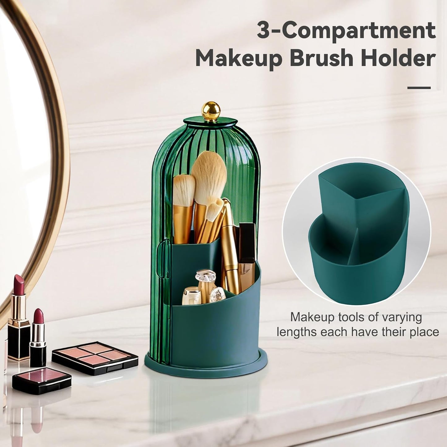 Hvygss 360° Rotating Makeup Brush Holder with Lid, Waterproof Three-Compartment Makeup Organizer, 180° Side-Pull Door Desk Organizer, Dustproof Brush Holder for Vanity and Bathroom (Transparent)