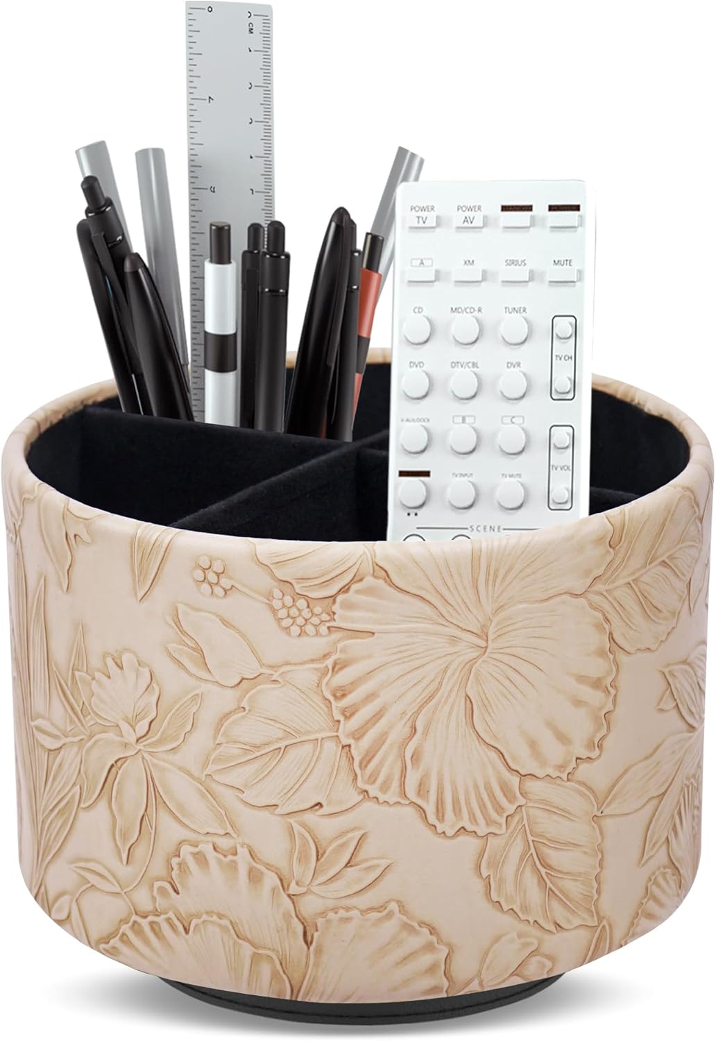 Round Leather Art Supply Organizer,Remote Control Holder,360 Degree Rotating,Multi-Functional Pencil Holder,4 Compartments Desktop Stationary Organizer(1-Fractal Flower) | Round - Colors C