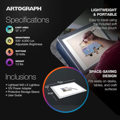 Artograph Thin LED Light Box, 17" x 12" Dimmable Drawing & Tracing Pad, LightPad 940 LX