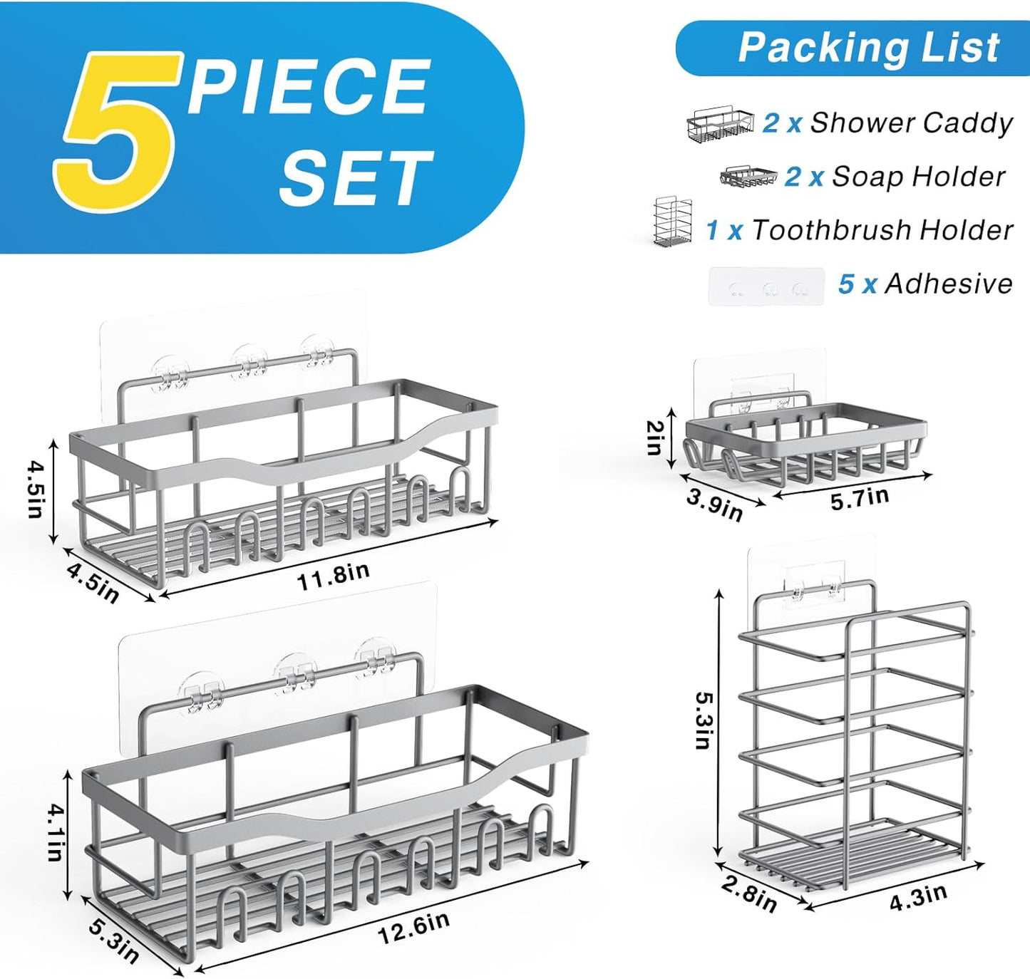 EUDELE Adhesive Shower Caddy, 5 Pack Rustproof Stainless Steel Bath Organizers With Large Capacity, No Drilling Shelves for Bathroom Storage & Home Decor
