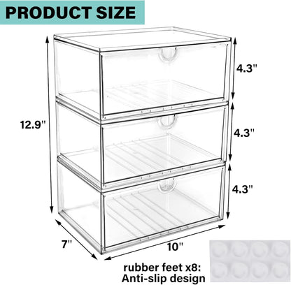 Prsildan Acrylic Drawer Makeup Organizer with 6 Drawers (Not for Baby Bottle), Set of 2 Office Desk Organizers Accessories, Clear Stackable Storage Drawers for Vanity, Craft (Largest Drawer 4" Tall)