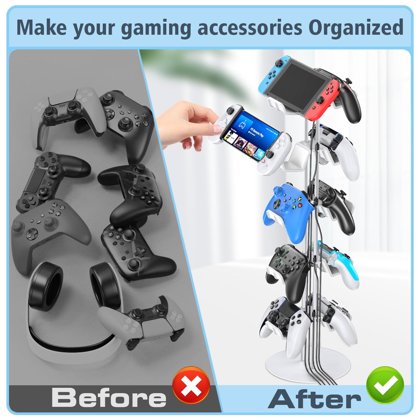 Kytok Controller Stand 4 Tiers with Cable Organizer for Desk, Universal Headphone Stand Compatible with Xbox PS5 PS4 Console Nintendo Switch, Headset Holder & Desk Mounts for 8 Packs Controller