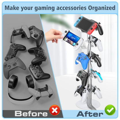 Kytok Controller Stand 4 Tiers with Cable Organizer for Desk, Universal Headphone Stand Compatible with Xbox PS5 PS4 Console Nintendo Switch, Headset Holder & Desk Mounts for 8 Packs Controller
