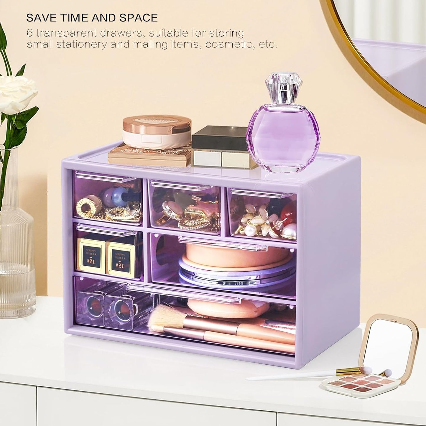 Mini Desk Storage Organizer with 6 Drawers, FODIENS Stackable Desktop Craft Drawer Cabinet, Clear Storage Box Caddy for Makeup Jewelry Office Craft Supplies (White)