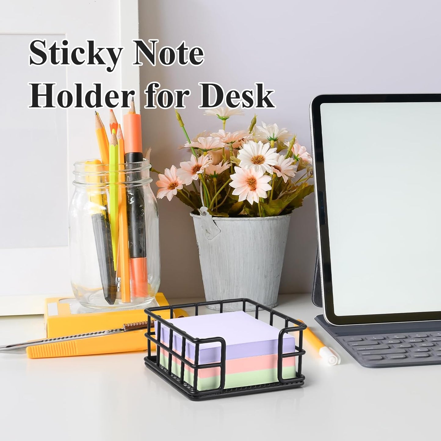OWLMATE Metal Sticky Note Holder 3.54 x 3.54x1.77 Square Black Dispenser for Desk Office Dorm