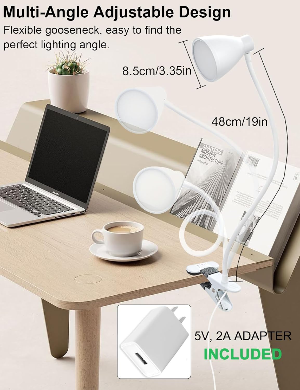 BOHON Clip on Light, 10W 38 LED Desk Lamp with Clamp, 5 Color 10 Brightness Auto Off Timer, Flexible Neck Clip Lamp, Desk Lights for Office Home Bed Bedside Reading, Bright Yellow