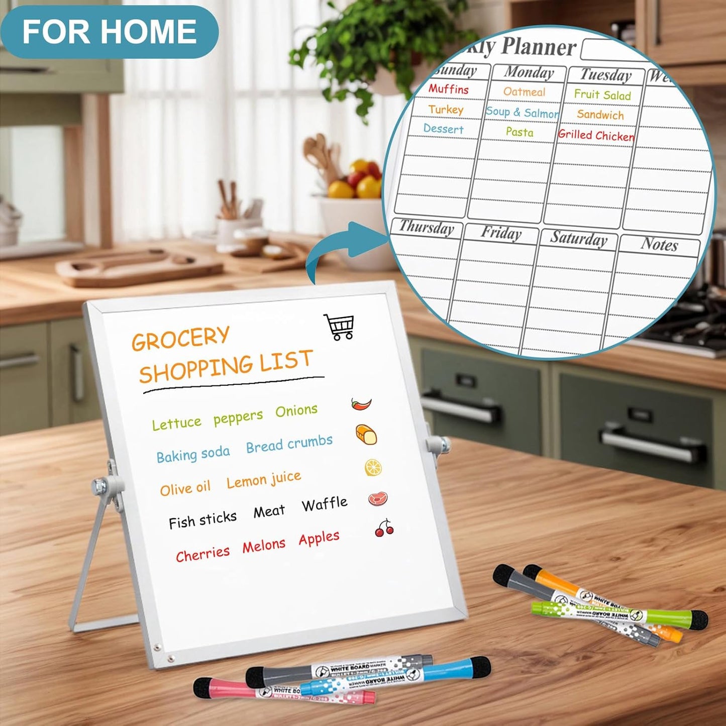 Magnetic Dry Erase White Board with Stand, 10" x 10" Double-Sided Desktop Whiteboard, Mini Portable Weekly Calendar Planner Board Set with 6 Markers, 4 Magnets, 1 Marker Holder & 1 Eraser