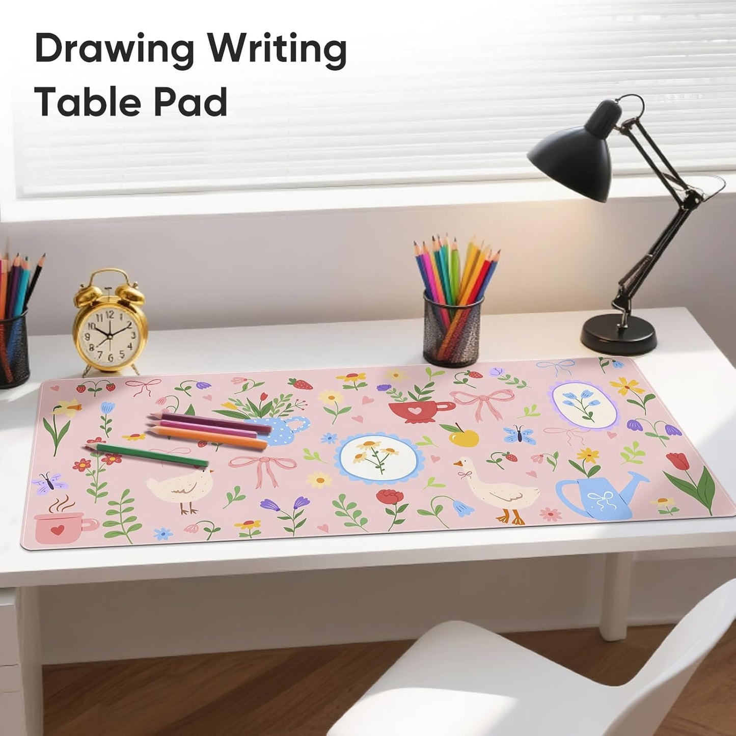 Pink Desk Mat, Leather Desk Pad Blotter Protector, XXL Large Mouse Pad,Computer Laptop Mouse Pads for Desktop,Waterproof Writing Anti-Slip Mousepad for Office and Home I Colorful Stickers