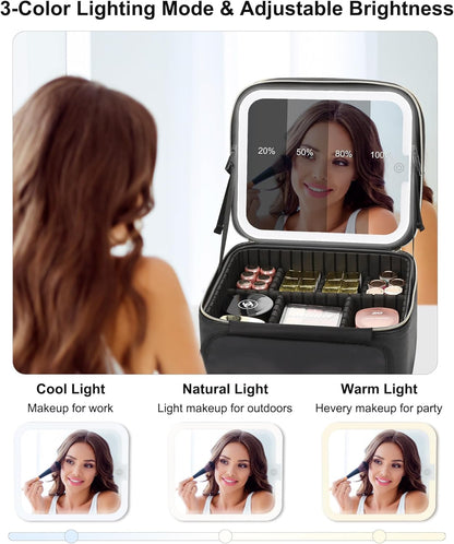 Relavel Travel Makeup Bag With LED Mirror, Cosmetic Train Case with Light up Mirror, Portable Makeup Artist Organizer Bag with Adjustable Dividers, Makeup Brush Holder Storage, Black