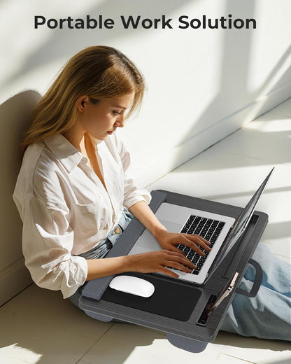 Potuopy Lap Desk - Up to 17” Laptop Tray with Wrist Rest, Portable Handle, Fixed Mouse Pad, Tablet & Phone Slots, Laptop Lap Desk with Cushion (Dark Brown)