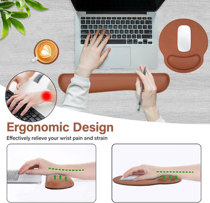 MOSISO Wrist Rest Support for Mouse Pad & Keyboard Set, Ergonomic PU Leather Keyboard and Mousepad with Wrist Rest&Coaster Non-Slip Base Home/Office Easy Typing Cushion with Raised Memory Foam, Brown