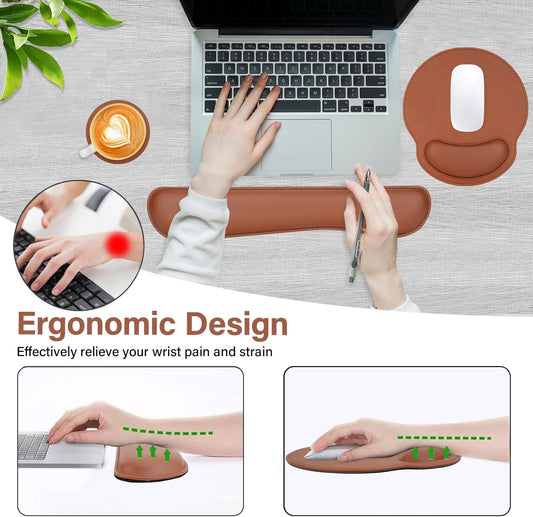 MOSISO Wrist Rest Support for Mouse Pad & Keyboard Set, Ergonomic PU Leather Keyboard and Mousepad with Wrist Rest&Coaster Non-Slip Base Home/Office Easy Typing Cushion with Raised Memory Foam, Brown