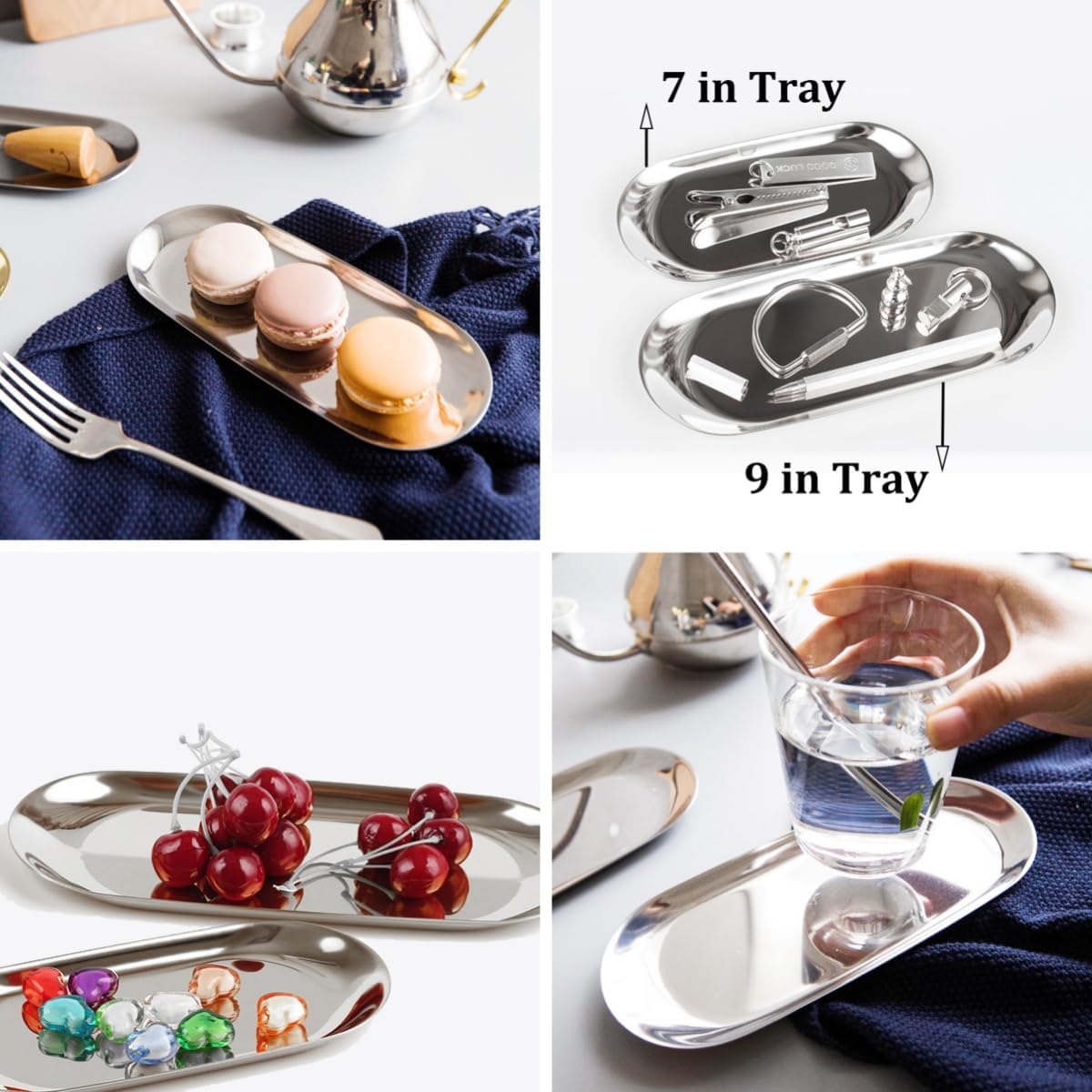 Stainless Steel Decorative Tray, Set of 2, 7 Inch Long, Jewelry Dish Cosmetics Organizer Bathroom Clutter Serving Platter Small Storage Tray, Oval, Matte Black