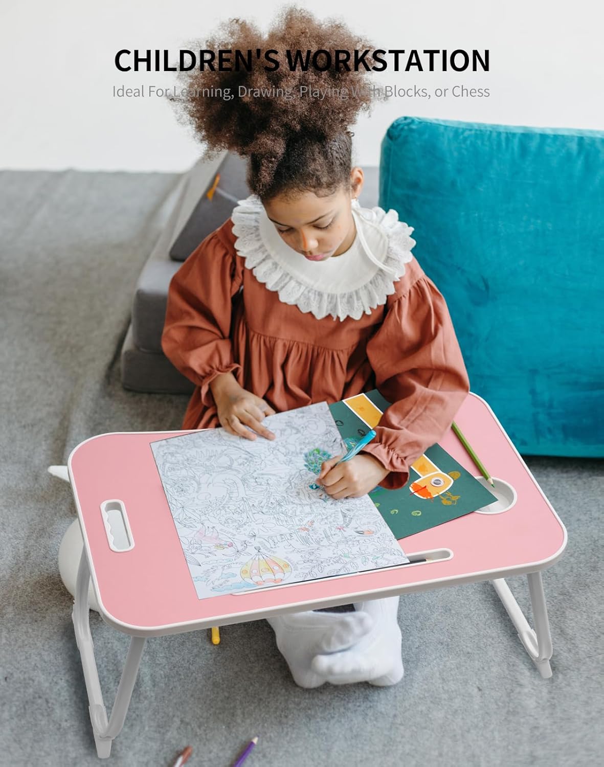 ZEAPTAC Laptop Bed Desk, Foldable Lap Desk, Portable Lap Table, Laptop Stand with Cup Holder, Tablet Slot & Lifting Handle for Work, Write, Draw & Eat on Bed, Sofa or Couch - Pink