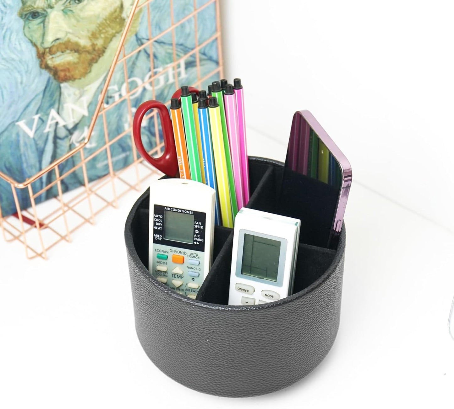 Round Leather Art Supply Organizer,Remote Control Holder,360 Degree Rotating,Multi-Functional Pencil Holder,4 Compartments Desktop Stationary Organizer(1-Fractal Flower) | Round - Colors C