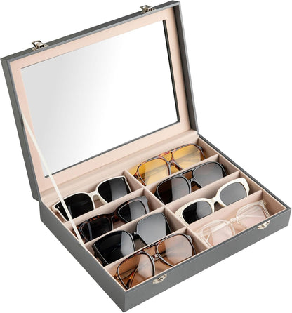 Frebeauty Sunglass Organizer,PU Leather Glasses Organizer,8-Slot Sunglasses Tray,Men's/Women's Sunglasses Box,Sunglass Case,13.3 x 9.6 x 1.5 Inches,Eyeglass/Eyewear Display Tray(Grey)