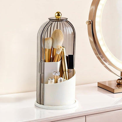 Hvygss 360° Rotating Makeup Brush Holder with Lid, Waterproof Three-Compartment Makeup Organizer, 180° Side-Pull Door Desk Organizer, Dustproof Brush Holder for Vanity and Bathroom (Transparent)