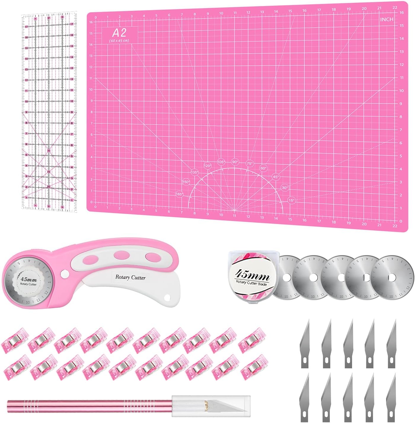 Headley Tools Rotary Cutter Set - 45mm Fabric Cutter, 5 Extra Rotary Blades, A3 Cutting Mat, Quilting Ruler and Sewing Clips, Craft Knife Set, Ideal for Crafting, Sewing, Patchworking, Purple