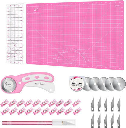 Headley Tools Rotary Cutter Set - 45mm Fabric Cutter, 5 Extra Rotary Blades, A3 Cutting Mat, Quilting Ruler and Sewing Clips, Craft Knife Set, Ideal for Crafting, Sewing, Patchworking, Purple