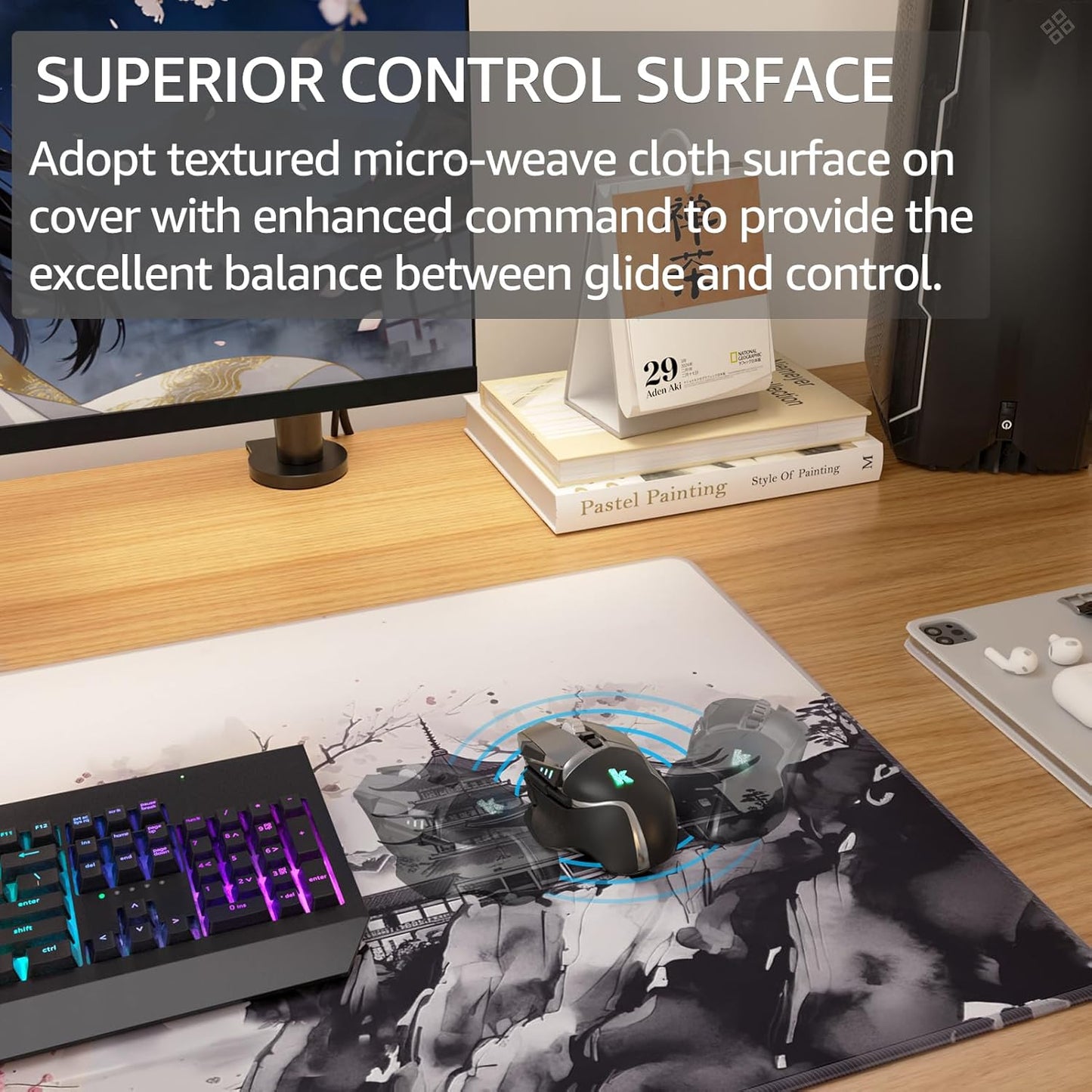 KTRIO Large Gaming Mouse Pad Desk Mat, Superior Micro-Weave Cloth for Precise Mouse Control, Non-Slip Rubber Base, Stitched Edges, Water-Resistant, for Gamer, Office & Home, 31.5" x 11.8" inches