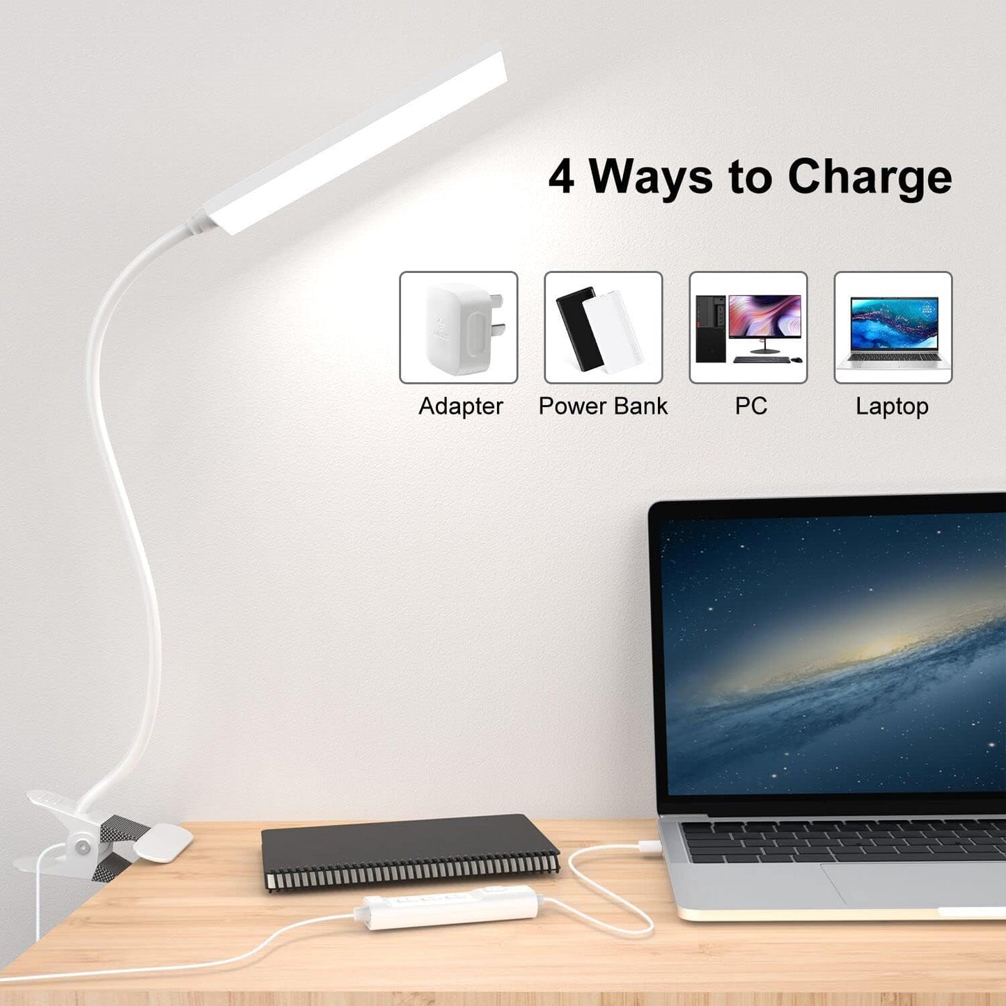 Vansuny Clip on Light LED Desk Lamp with Eye-Caring LED Light and Metal Clip, 6 Level Brightness 3 Color Modes, Power by USB Port 5W Adjustable Neck Reading Lamp for Home and Office (5W, Black)