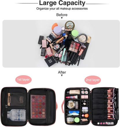 Relavel Makeup Case Large Makeup Bag Professional Train Case 16.5 inches Travel Cosmetic Organizer Brush Holder Waterproof Makeup Artist Storage Box, 3 Layer Large Capacity, with Adjustable Strap