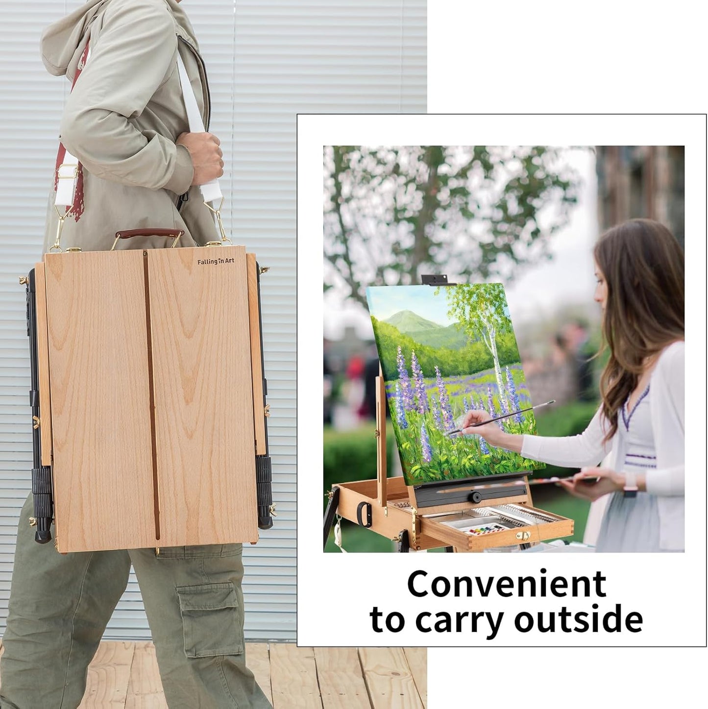Falling in Art Light Weight French Style Field and Sketchebox Easel with Aluminum Tripod, Adjustable Beechwood Tripod Standing Easel with Drawer, Palette