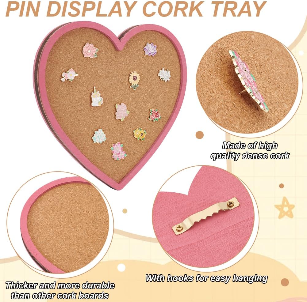 BENECREAT Pearl Pink Heart Pin Cork Board, 7.8x7.1inch Bulletin Display Board Wall Mounted Cork Board with Pink Frame for Brooch Pin Storage Display, Office Home and School Decor