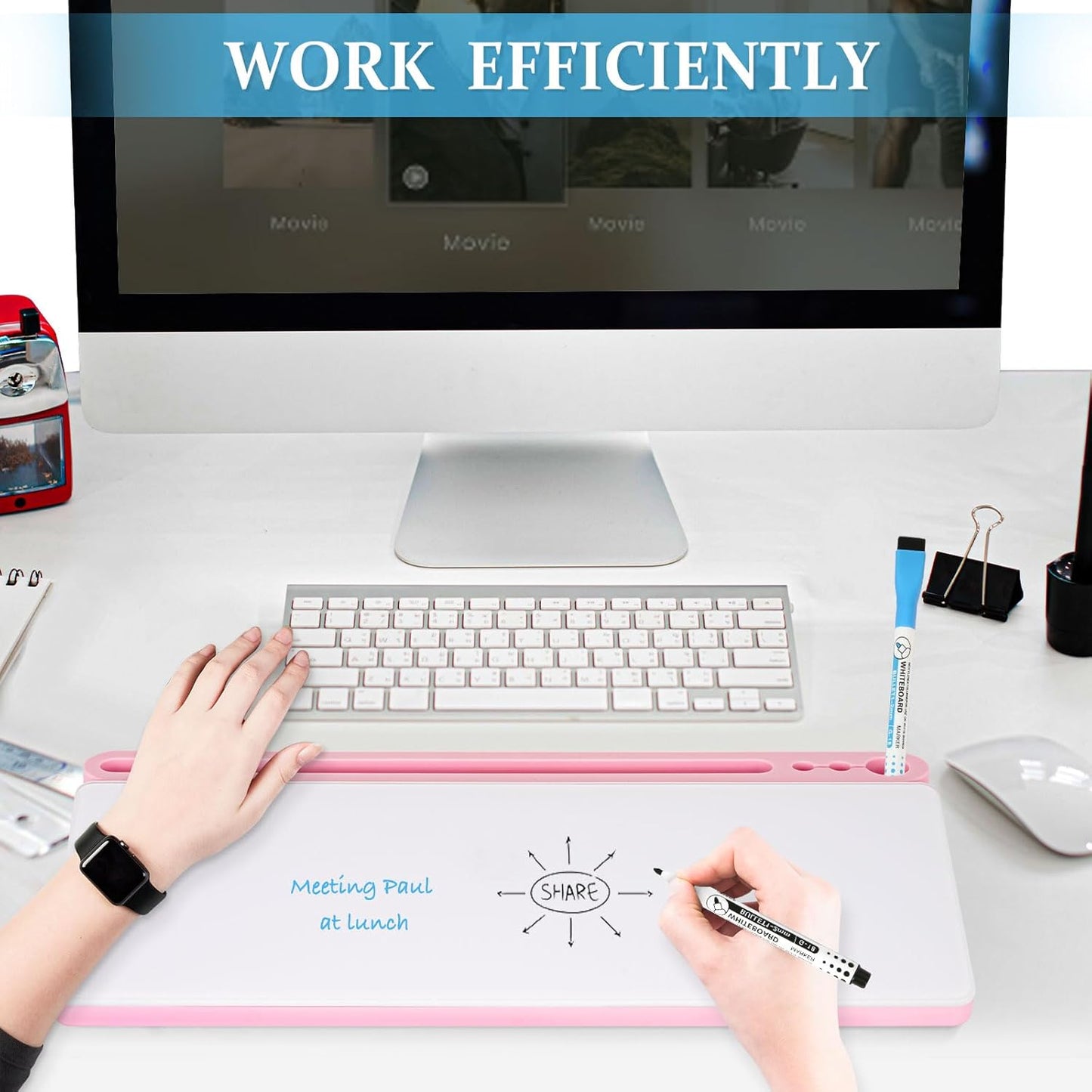 DOLLAR BOSS Glass Desk Whiteboard Calendar Small Dry Erase Board Desktop White Board with Storage Drawer Computer Keyboard Stand Desk Organizer, Colorful Weekly Calendar, Black
