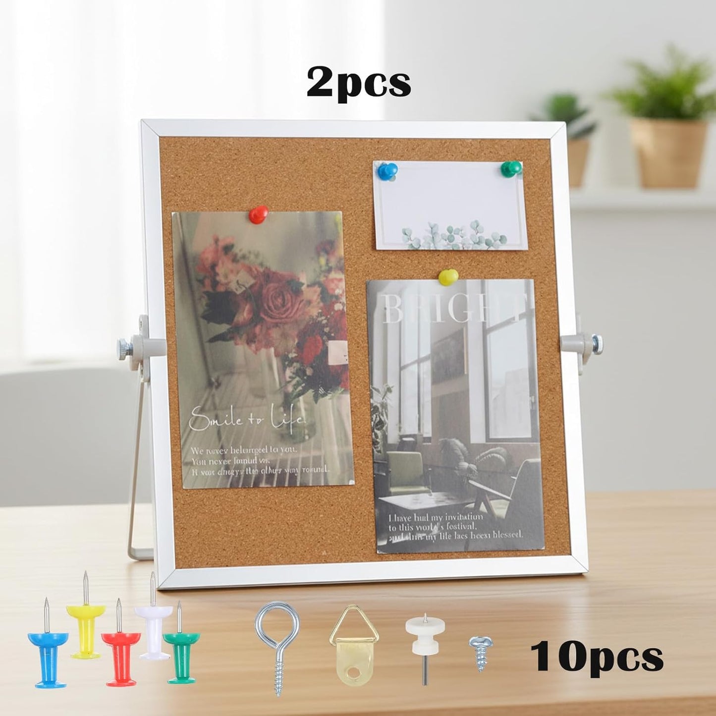 2 Pack Cork Board Desk Bulletin Board, 9.8"×9.8" Double Sided Pin Small Desk Cork Boards with Stand for Desktop Suitable with 10 Push Pins for Home, Office, Desks Message or Picture Boards