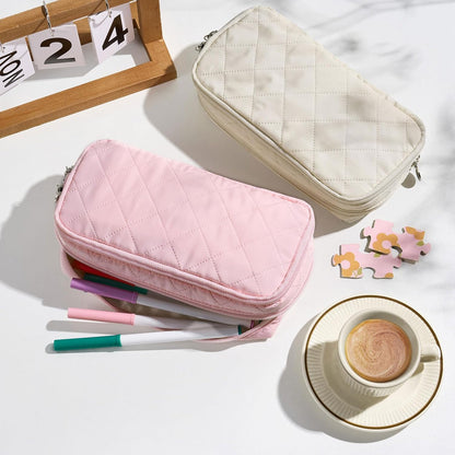 Sooez Large Pencil Case Pouch, Extra Big Pencil Bag with 8 Compartments, Pen Bag Wide Opening, Soft Quilted Pencil Pouch Organizer with Zipper, Portable Pencil Case for Teen Girls, Pink