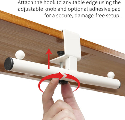 Plus tard Backpack Hanger for Table, Adjustable Clamp-On White Organizer for Office, Classroom, Dorm, Under Table Storage Stand Up Holder with Easy Installation