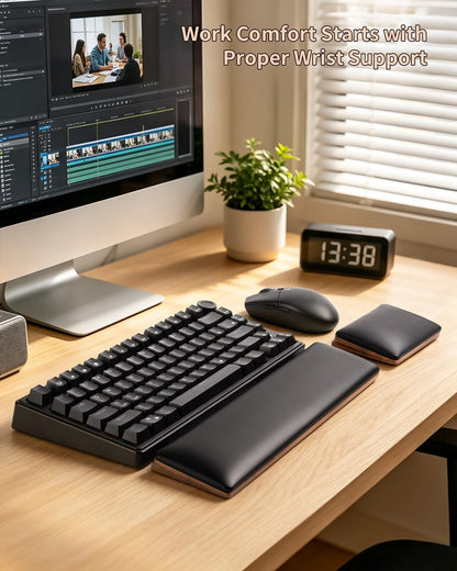 ASFSKY Keyboard and Mouse Wrist Rest Set for 60%-75% Compact Keyboards – Ergonomic Wooden Support Pad with PU Leather & Memory Foam, Anti-Slip Rubber Base for Gaming, Office & Typing Pain Relief