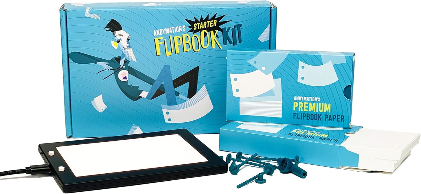 Official Andymation's Flipbook Starter Kit for Kids & Adults with LED Light Pad for Drawing & Tracing Animation, Premium Pre-drilled Flip Book Paper, Removable Binding Screws