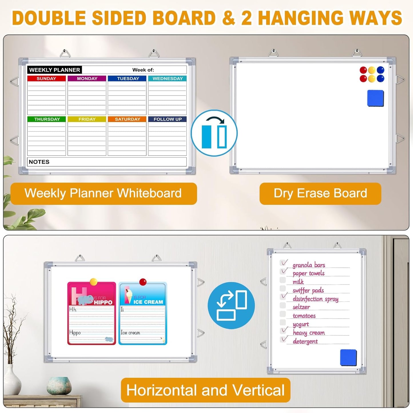 Weekly Planner Whiteboard, Weekly Dry Erase Board for Wall 16" x 12", Double-Sided Weekly Calendar Whiteboard with Pen Tray & Hook, Hanging Writing Schedule Board for Home, School, Office