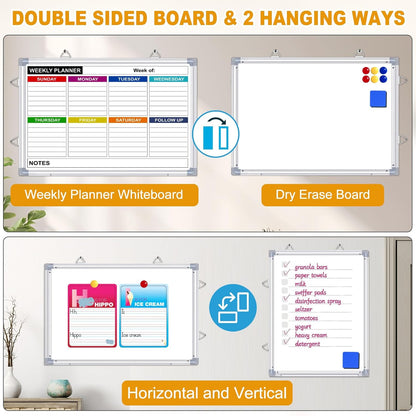 Weekly Planner Whiteboard, Weekly Dry Erase Board for Wall 16" x 12", Double-Sided Weekly Calendar Whiteboard with Pen Tray & Hook, Hanging Writing Schedule Board for Home, School, Office
