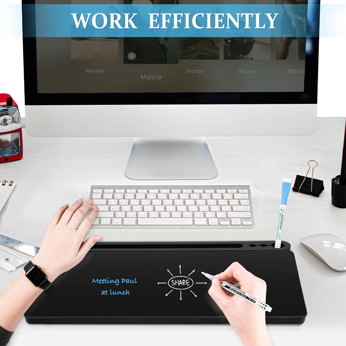 DOLLAR BOSS Glass Desk Whiteboard Calendar Small Dry Erase Board Desktop White Board with Storage Drawer Computer Keyboard Stand Desk Organizer, Colorful Weekly Calendar, Black