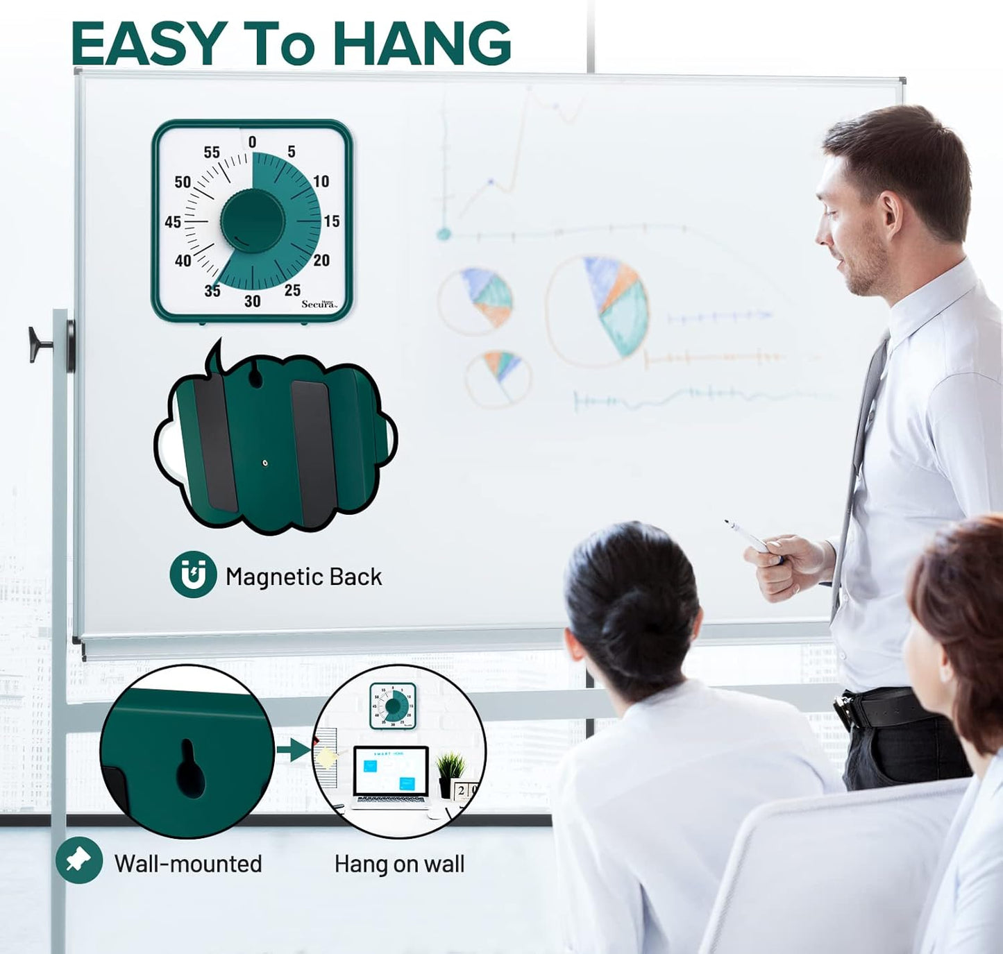 Secura Home 60-Minute Visual Timer, 7.5 Inch Oversize Countdown Timer Clock for Kids and Adults, Durable Mechanical Time Management Tool with Magnetic Backing （Dark Green）