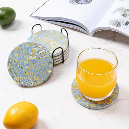 6Pcs Drink Coasters with Holder, Marble Style Ceramic Drink Coaster, Absorbent Coasters Set Suitable for Kinds of Cups, Modern Style Coaster for Coffee Table, 4 Inches
