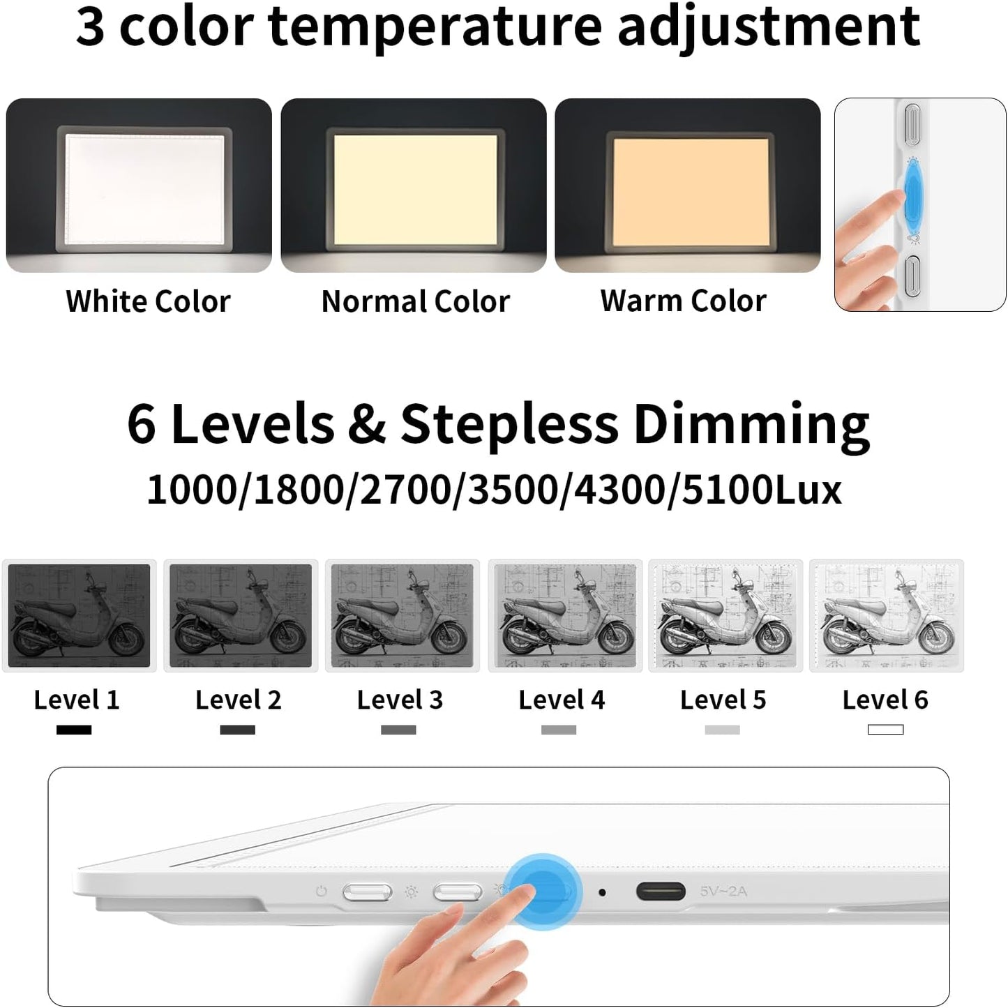 TOHETO Rechargeable A4 Light Board with Stand, Super Bright Magnetic Light Pad with Side Buttons, Wireless Light Box for Tracing and Drawing, Cordless LED Light Table for Diamond Painting, Sketching