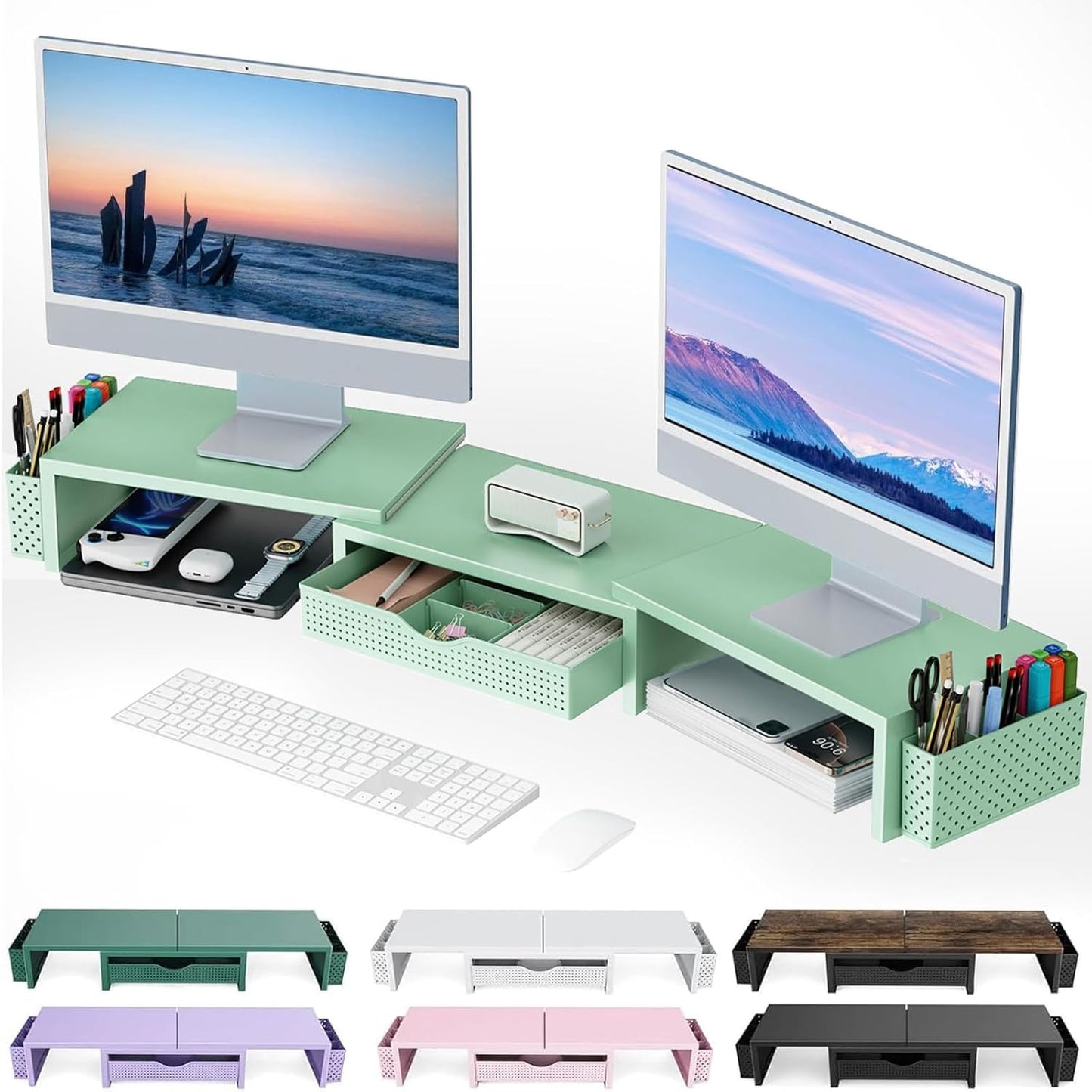 gianotter Dual Monitor Stand Riser, Desk Organizer With Drawer and 2 Pen Holders,Computer Monitor Stand, Desk Shelf for Top of Desk, Wood