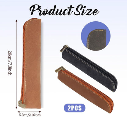 Psyqtsuary Leather Pencil Case, 2 Pcs Slim Small Pencil Pouch Portable Flat Pen Pouch with Zipper Simple Makeup Bag Lipstick Case for Women Men Home, Office, Travel Outdoor (Black, Claret)