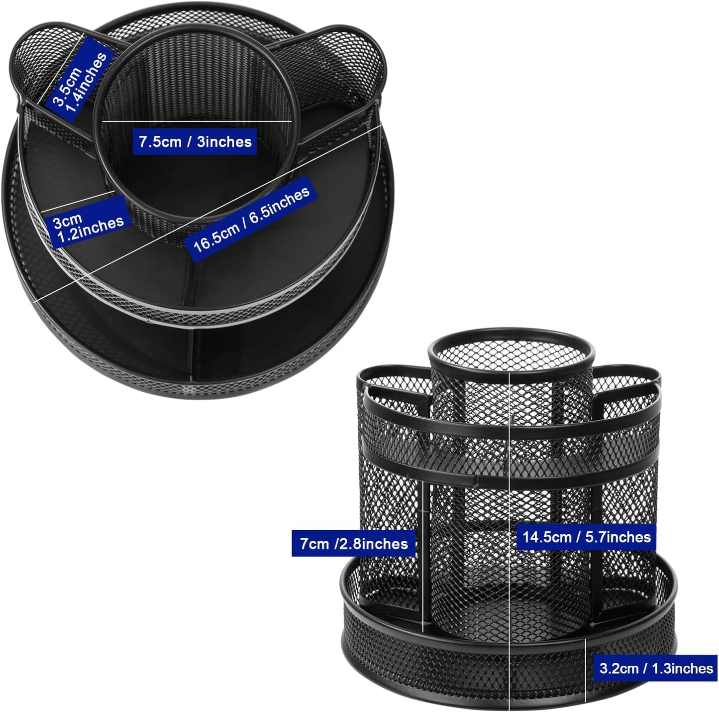 Comix 360° Rotating Pen Holder for Desk, 5 Compartments Office Desk Organizer, Black Mesh Metal Pencil Holder Cup for Office Home School